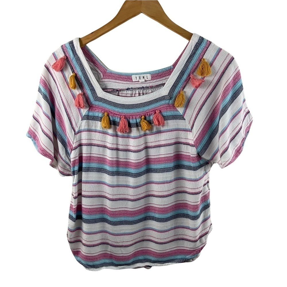 THML Multicolored Striped Textured Tassel Detail Pullover Bohemian Top Sz S